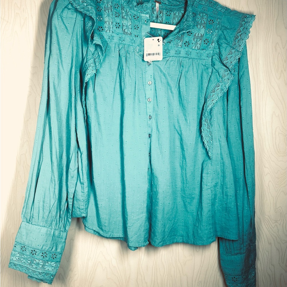 Free People Turquoise Ruffle Blouse - Picture 5 of 11